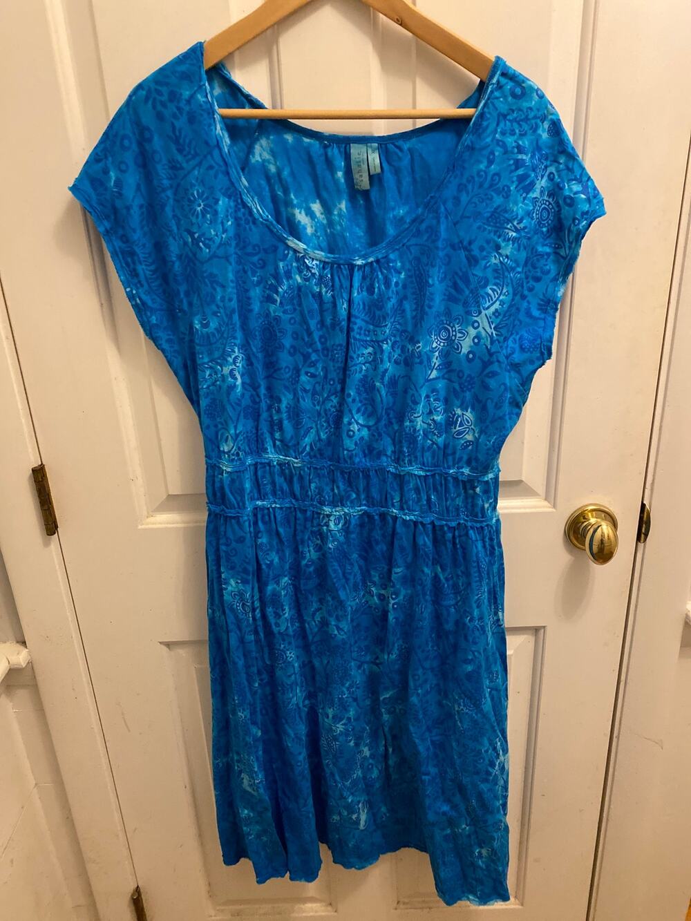 Sahalie Blue Floral Dress Womens XL Short Sleeve 100% Cotton Boho Cottagecore